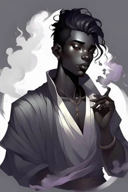 Male Air genasi fra d&d with black skin smoke some hair an Asian skin ghostly appearance with a Smokey undertone