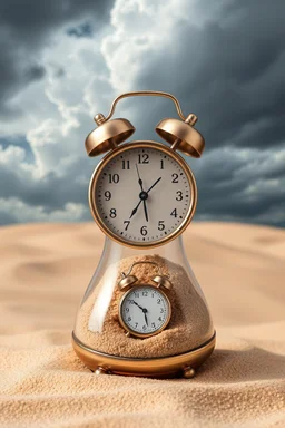 Sands clock with full of small tiny analog alarm clocks and digital clock in the background of cloudy stormy with the universe background look like time within time for eternity , great picture with high resolution and 4k quality