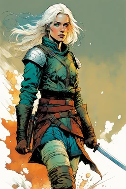 create an imaginative full body print illustration of an ethereal, otherworldly , pale female Witcher with short flaxen hair wearing a tattered battle worn padded gambeson and boots , in the comic book art style of Bill Sienkiewicz, Mike Mignola, and Jean Giraud Moebius, with highly detailed feminine facial features , finely drawn, colored and inked,