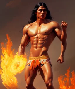 native american warrior, long black hair, dancing on top of fire, big muscles, loincloth, shirtless, 8k resolution concept art portrait by Greg Rutkowski