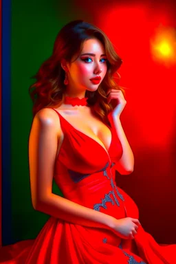 A stunning, seductive woman in a fiery red dress, casting a shy glance over her shoulder.