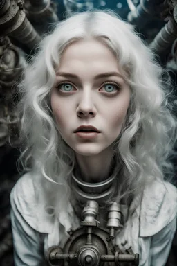 Closeup teenage Girl with big gray eyes, white hair, dieselpunk, valves rising from the ground, the perspective looking up from the bottom of an empty well , Underwater 8k, macro photography by <John Kenn Mortensen>, darkred tones,