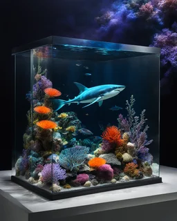 Shark fish swimming in glass box underwater aquarium on a display,glass flowers, high quality product image ,coral reef, flora and fauna, cosmic nebula, dark background christian dior style, with frozen flowers around her, stunning-design, beutifull, side profile artwork, glass paint, multicoloured, displayed, backlight