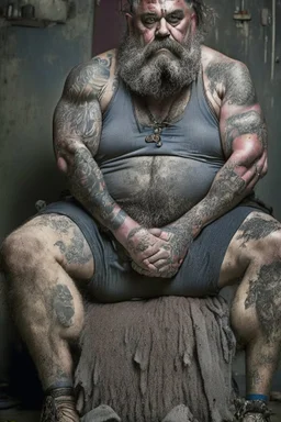 full figure shot photography of a dirty burly muscular chubby turkish manly man happy sitting, 62 years old, beefy, ugly , crossed arms, long beard, curly hair, sweat, tattoo, with completely torn and faded dirty cotton unbuttoned short trousers, tattoo, big bulge, beard , big legs, drunk eyes, bare-chested, huge belly, in industrial area, photorealistic, side light, view angle from low , ambient occlusion