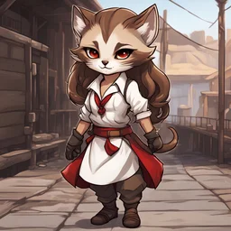 Abelaya is a female khajiit with brown fur and darker brown spots and long light-brown flowing hair dressed in dock worker's white shirt with a red top and skirt and work gloves, in chibi art style, background docks