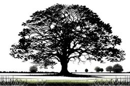 silhouette white background of beatuful scenic picture tree of life in meadow english countryside from a distance scenery painting