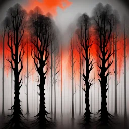 silhouette of tall dark trees, black, gray colors, surreal, foggy, mesh, red-gray-orange background, painted, lacy pattern melting, dreamlike scene, blurred with wet ink, masterpiece