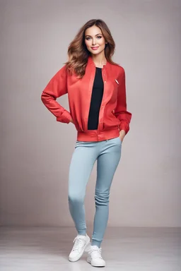 full body of very beautiful girl wearing pants and blouse,sport shoes ,standing idle happy pose in studio pretty makeup