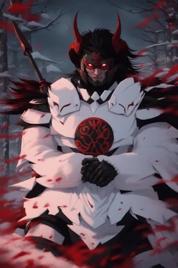 The character, in a striking white armour against a wintry backdrop stands with his hands behind his back inside the scene, he has a red and black circular symbol on his chest like a shield, a black pointed spear with a red handle on his back, His eyes are showing a dynamic expression and he wears a black oni mask with white teeth on it covering the bottom part of his mouth he has brown shoulder pads and a white belt with a bag attached to it. He has dark brown hair, he does not wear a helmet.