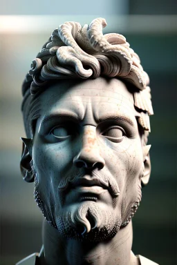 Ultra Realistic image, Roman sculpture, white marble material, Lionel Messi, gold Laurel wreath, chisel style, waist up portrait, epic, celestial, cinematic lighting, God light, god rays, 4k resolution, smooth details, ornate details, soft lighting, unreal engine 5, marble background.