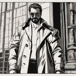 a young man with big muscles who looks like hans gruber wearing a heavy coat and red sunglasses staring with a disgusted look on his face