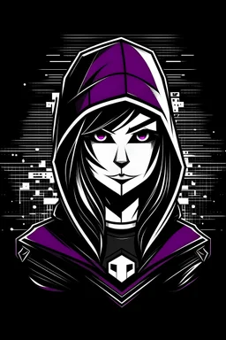 Create a logo of an BOSS GIRL COMPUTER hacker with a BLACK huddie with the face forward, in PURPLE black and white to be used as a logo