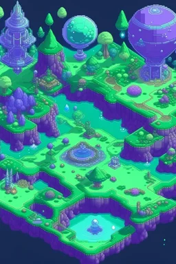 pixel art top down planet surface in 2d game, detailed level, mint green terrain, violet earth with plants and rocks, space trees with lanterns