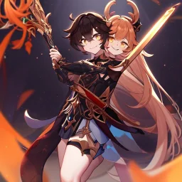 Clear focus,High resolution, Brown long straight hair, and yellow eyes, wearing a Genshin Impact Inspired outfit,Wearing a short skirt, Color pallete red orange black, dancing in the moonlight, Potrait, Smiling, Holding a sword