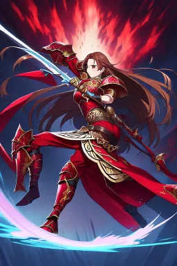 full body picture of a young woman with long brown hair, fantasy, dark, wearing black and red leather fantasy armor, evil, red eyes, smirk, confident, arrogant, anime, high resolution, hi res, detailed, intricate, fighting, warrior, detailed background