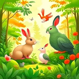 pictures of rabbits and birds in the lush forest