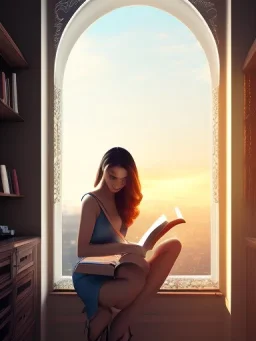 Beautiful, thin young woman, Arab home clothes, wavy hair, sitting on an office chair, reading a novel, next to a window, outside the window is sunset , 8k, finely detailed, photo realistic, cinematic