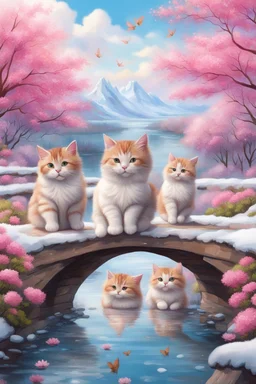 in the center: beautiful chunky cats dancing on a bridge , background: landscape, first plan: pink flowers and a small river with blue water, sky: white clouds with more cats sitting on them, season: winter and snowfall