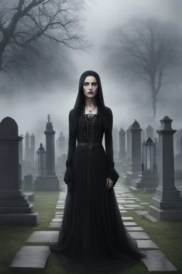 photorealistic slim woman looking like Drusilla in a cemetary with mist and crypts