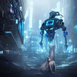 portrait,beautiful caucasian robotic sirene, post-apocalyptic in a cyberpunk city, realistic, intriacte detail, sci-fi fantasy style, volumetric lighting, particales,highly detailed,cinematic, deep blue.