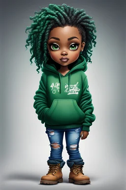 create an airbrush illustration of a chibi cartoon curvy black female wearing blue jeans and a green hoodie and timberland boots. Prominent make up with hazel eyes. Extremely highly detailed tight curly dreadlocks ombre hair.
