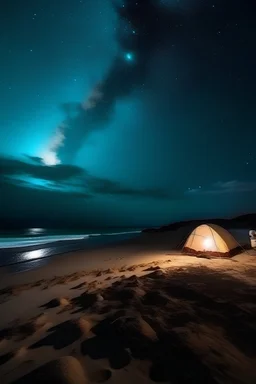 camping di pantai yang indah dimalam hari dengan bintang di langit yang indah