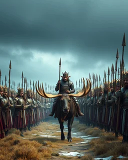 Photography another world Elf,imaginary angle view from a far lineup thousands troops Elfs wearing luxurious unique armor guardian,crown ,riding big wild moose ready to battfield