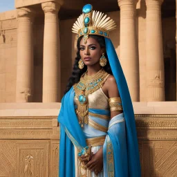 Ah, the queen of Egypt standing from her leather sandals to her tiara decorated with the opale scarab, a vision of regal beauty, her eyes reflecting the ancient wisdom of the Nile itself. She stands on her balcony, a queen among mortals, her gaze piercing through the lens of the camera, capturing the essence of her power and grace. Behind her, the stone balcony overlooks the mighty Nile, its waters flowing like the lifeblood of the land, carrying with it the stories of centuries past.