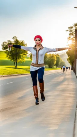 A full-body shot of azeri lady,long black boots ,tight blue pants ,a hat on head