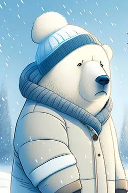 An ice bear wearing a thick winter jacket with a beanie