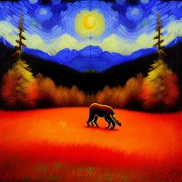 Dibujo al oleo de un puma en el bosque rojo con nubes estilo Vincent van Gogh