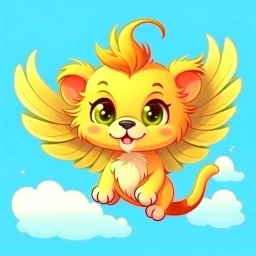 a cute lion with wings flying in the sky