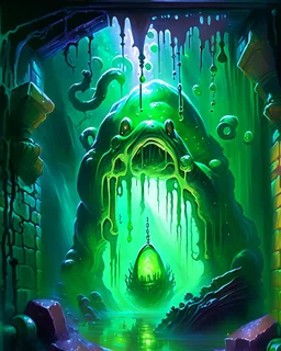 a slimy dripping gelatinous cube in vast cavern room with iron gates art painterly