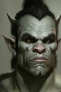 Portrait of an half-orc, grey skin, two large lower tusks, proud look, short dark hair