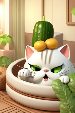 A fat palace cat getting a message in a spa, with cucumbers on eyes, relaxing,3d animation ,funny