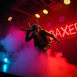 An "BAXER" performing at dance club, his name is "BAXER" and looks crazy, and pushes things on stage, Neon lights and smog, "BAXER" SIGN ON WALL