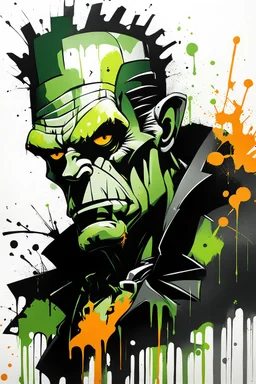 graffiti art of cartoon Frankenstein monster, elaborate acrylic spray paint by Yoji shinkawa + nick Edwards style with bold brushstrokes, romantic, glazing, orange, green, yellow, white