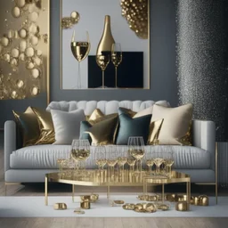 A picture of a modern living room with gold party decoration and champagne bottles and glasses