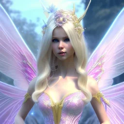 beautiful fairy very etheric, nice smiling, long blond hair, magic glamour pink make up, delicate colors, complete vision of very transparent and big wings, beautiful glamour transparent dress, ultra sharp focus, 8k, unreal engine 5, extremely sharp detail, light effect, soft light atmosphere, smooth, full of details, face in front, complete vision of face and hair and of the body