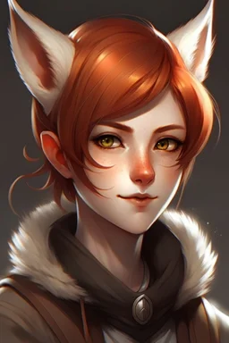 A young female with very short red hair, gold eyes, large fox ears, slight smile, pale skin