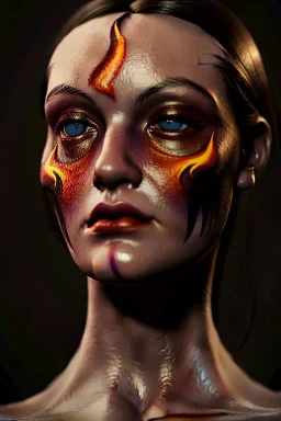 Fire theme art, Portrait of a woman by Michelangelo, 8K, close-up face, anatomically perfect face, dark moody night