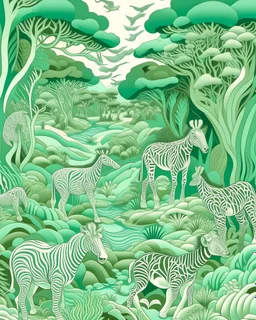 A mint colored savanna with mammals painted by MC Escher