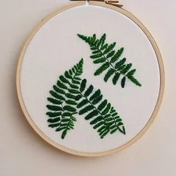 ferns in embroidery hoop, intricate, detailed, delicate, extremely beautiful