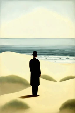 in this very simple painting by René Magritte a man looks out onto the horizon of the ocean from a sand dune.