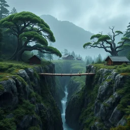 1 massive squat wooden bridge connects the over two gorge, between two tall rocky shores, sprawling, tall alien trees on both shores, log wooden houses in the distance in the background, rainy landscape, lush vegetation, massive trees,, high detailed, fantasy, cinematic