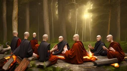 Black robed monks sitting around a fire in the forest