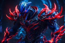 Aion Warrior Venom Neon in a mega cool iron super blue + Red suit with on his arms and shoulders, hdr, (intricate details, hyperdetailed:1.16), piercing look, cinematic, intense, cinematic composition, cinematic lighting, color grading, focused, (dark background:1.1)