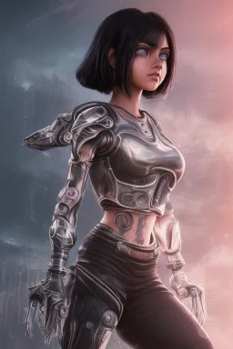 Alita battle angel, futuristic fantasy assassin character, portrait from waist up, intricate eyeliner, vibrant eyeshadow, clear completion, soft lighting, 4k resolution, intricate details, insanely detailed, white tank top, vibrant Japanese style tattoo sleeve, colorful cityscape background, masterpiece, expert, cinematic smooth, retroanime style, realistic details