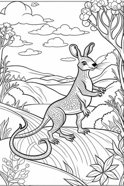 Illustrate a scene of a kangaroo hopping happily across the Australian outback, clean line art, white background, no shadows, black and white coloring book.