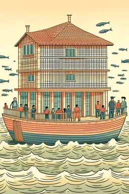 A building floating above the sea, people sitting in the boat wanting to enter the building, and fish rushing into the sea